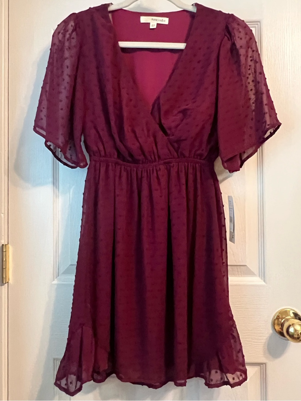 Rewind Burgundy Swiss Dot Wrap-Style Mini Dress